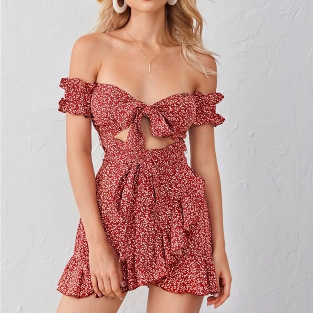 Women's BOHO Red Summer Dress- Size 2 (XS) ft. Front Cutout and Shirred Back